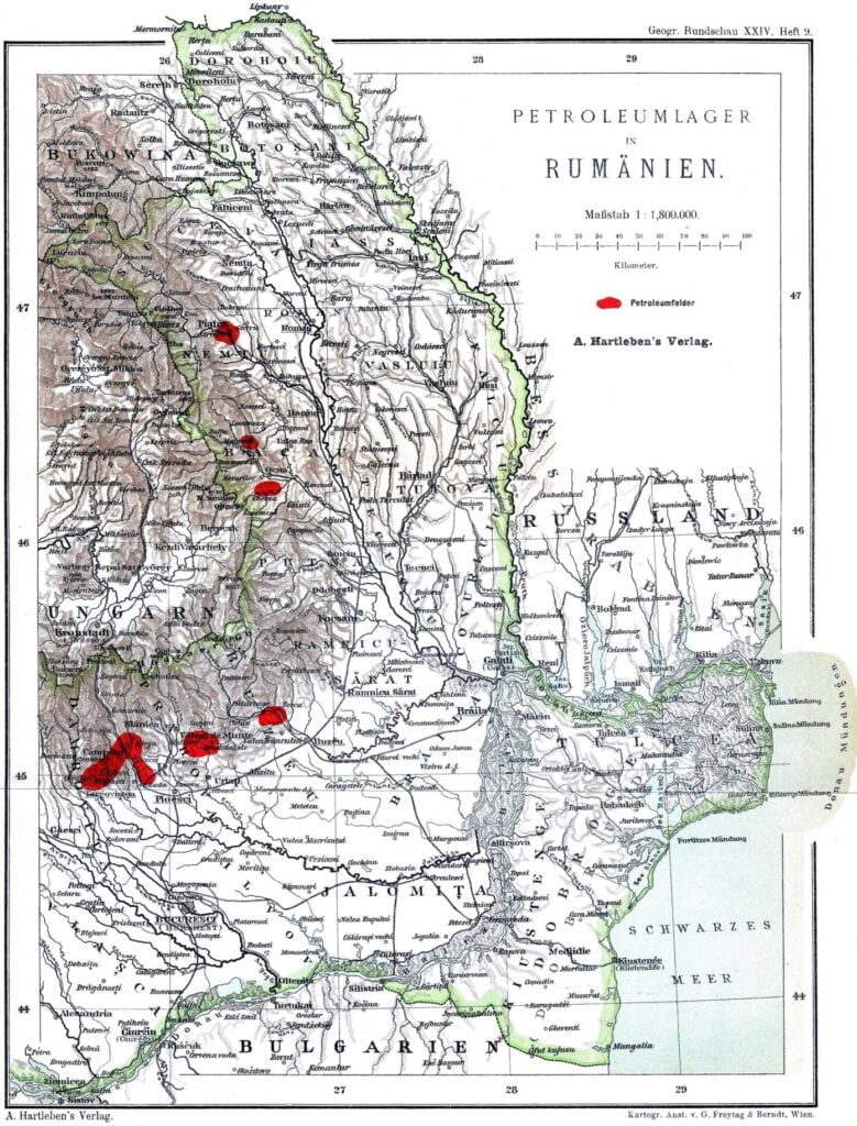 Harta campurilor petroliere din România în 1900. Sursă foto: Wikipedia.org