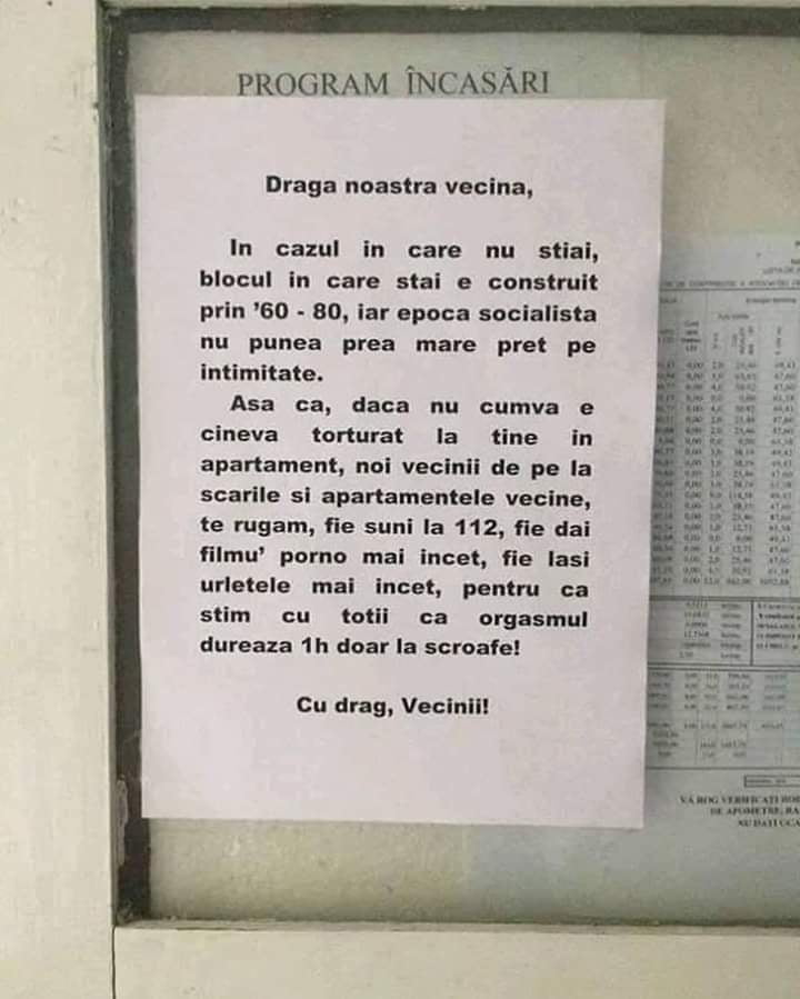 Mesaj viral pentru o vecină gălăgioasă: "Dacă nu cumva cineva e torturat la tine în apartament..."