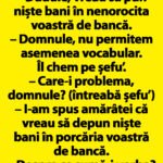 Bancul zilei. Bulă intră într-o bancă. La ghișeu, îi zice funcționarei: – Duduie, vreau să pun niște bani în nenorocita voastră de bancă.