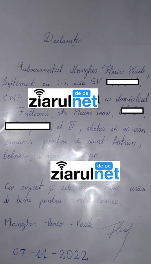 Gest șocant! Un bărbat a lipit un bilet pe ușă prin care anunță că se va sinucide: "Sunt bătrân, bolnav, singur și sărac"