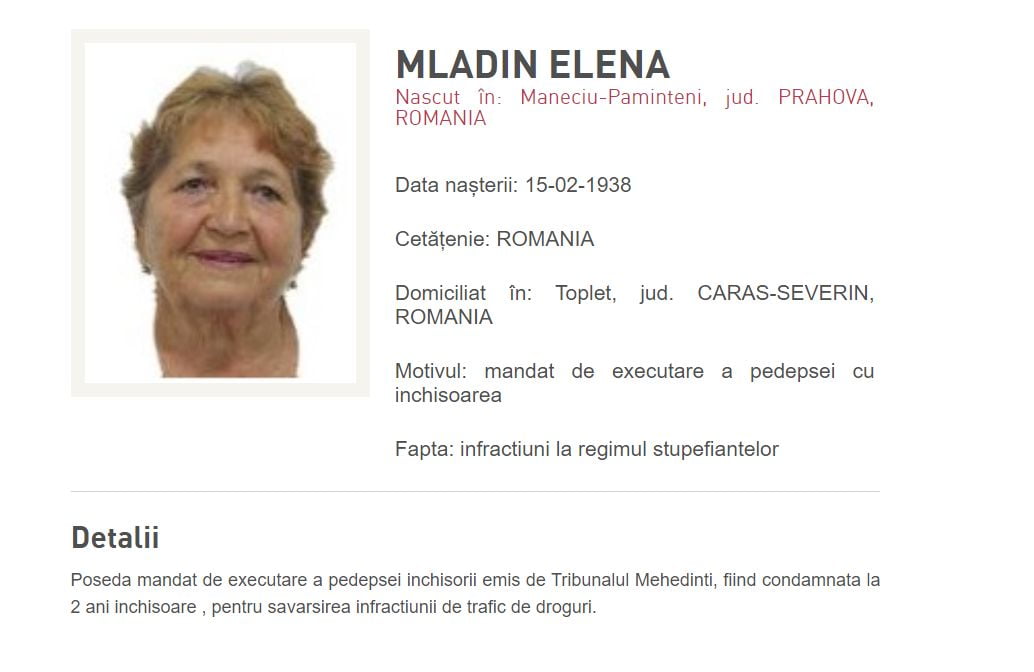 Cea mai bătrână infractoare din România. Are 84 de ani și este căutată pentru trafic de droguri