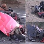 Ferrari rupt în două, după ce șoferul ar fi accelerat ca să nu fie depășit de o Tesla. Imagini de coșmar