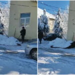 Imagini virale. Angajații unei primării din Gorj au curățat zăpada cu pătura