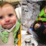 Cu ochii mari, bebelușul privește chipurile salvatorilor. A luptat și a supraviețuit miraculos sub o clădire prăbușită timp de 128 de ore, în Turcia