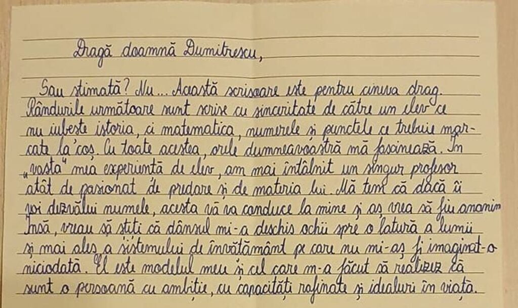 Scrisoarea emoționantă a unui elev din Timișoara pentru profesoara de Istorie: "Am trăit cel mai emoționant moment din cariera mea"