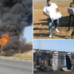 "Hai la brânză! Cred că mănânc o lună" Un TIR plin cu cașcaval a luat foc și s-a răsturnat, pe un drum din Mehedinți. Iar localnicii s-au gândit să profite