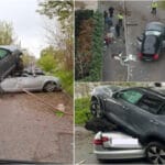 Şoferul unei maşini de teren s-a urcat peste alt vehicul, într-un cartier din Capitală. Imaginile au ajuns virale
